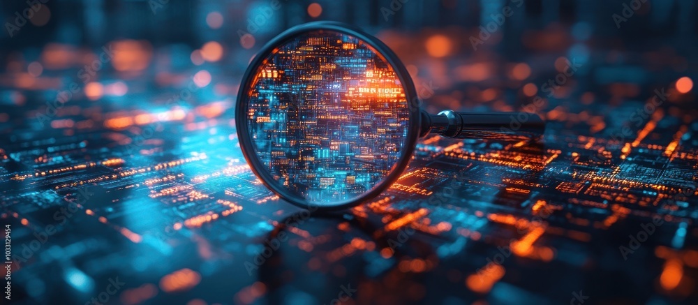 A magnifying glass over a digital landscape, highlighting data patterns and technology. A magnifying glass over a digital landscape, highlighting data patterns and technology.