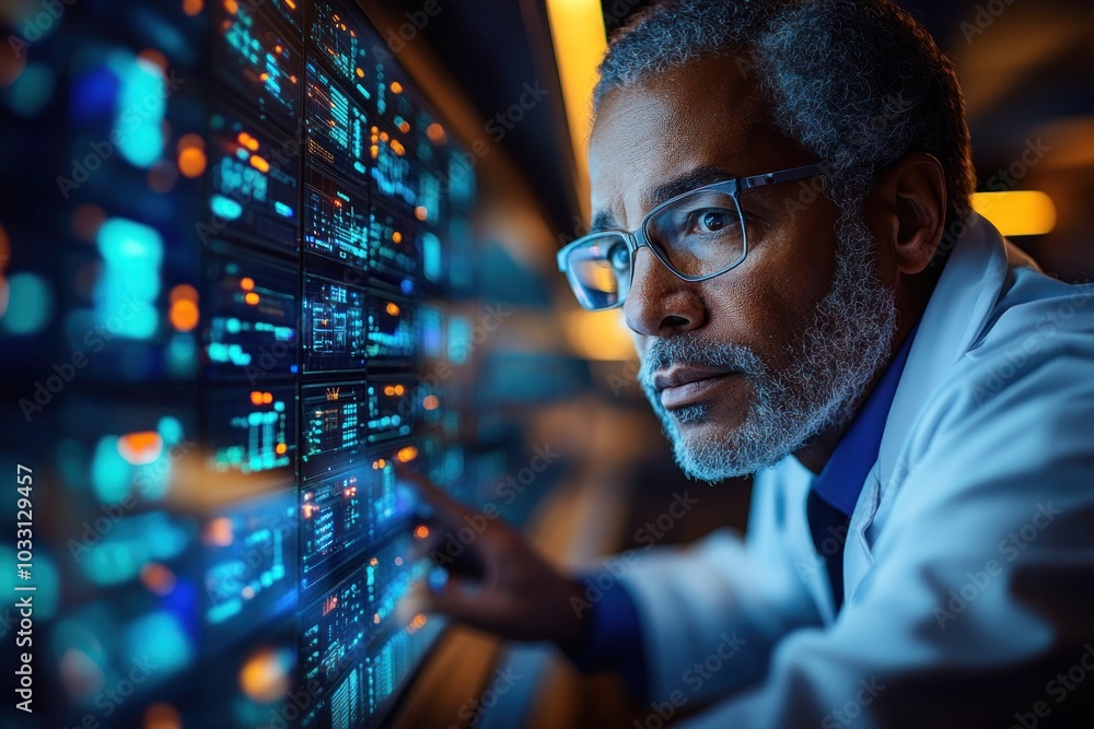 A focused scientist analyzes data on digital screens in a high-tech environment. A focused scientist analyzes data on digital screens in a high-tech environment.