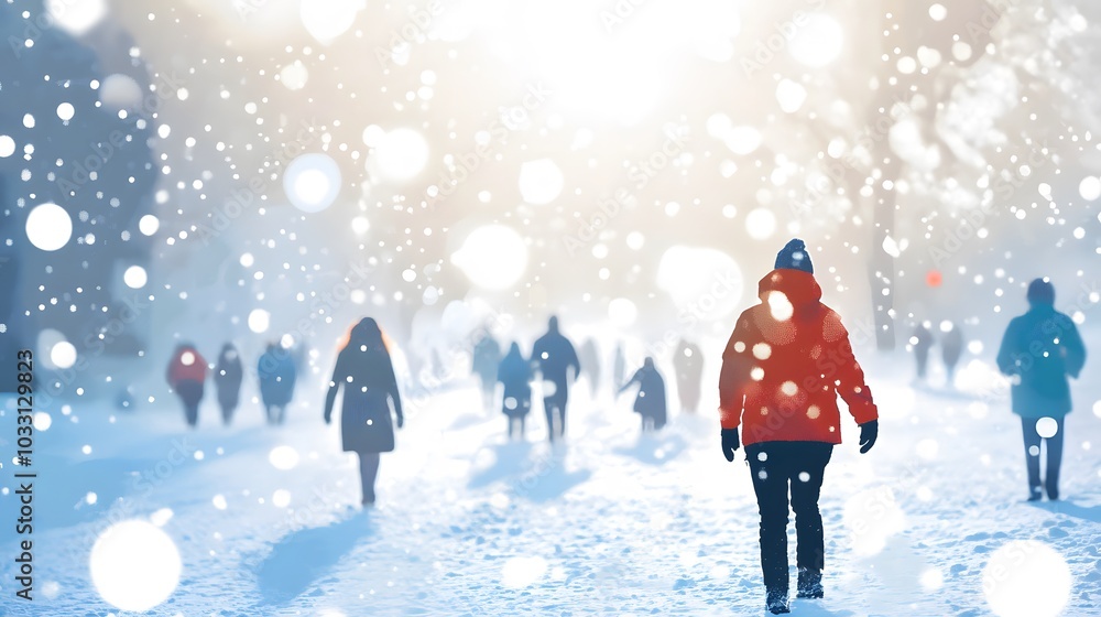 Snow overlay background, Snowfall, snowflakes in different shapes and forms, and people wearing thick jackets Snow overlay background, Snowfall, snowflakes in different shapes and forms, and people wearing thick jackets