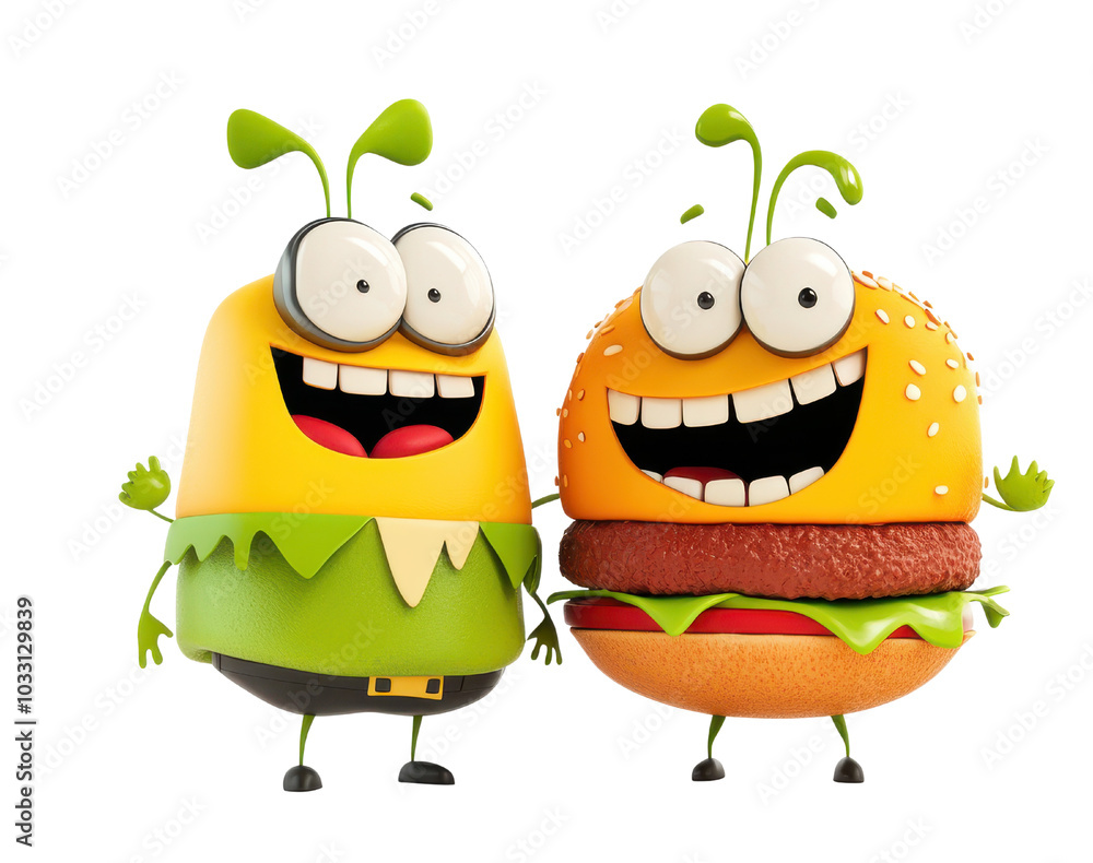 Obraz premium Cute cartoon characters holding burgers