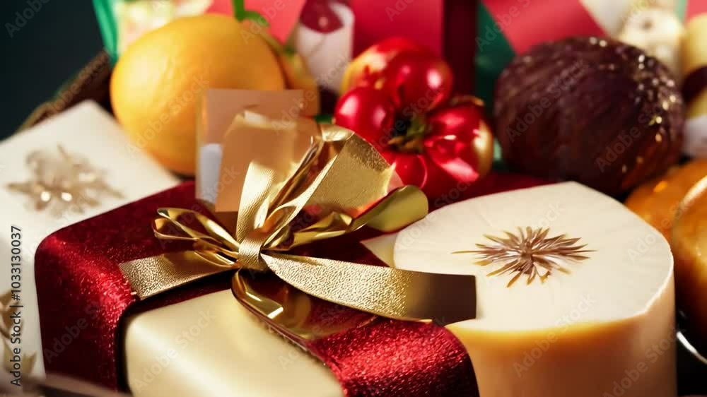 Close-up of a gift box with a gold ribbon and a red bow. Close-up of a gift box with a gold ribbon and a red bow.