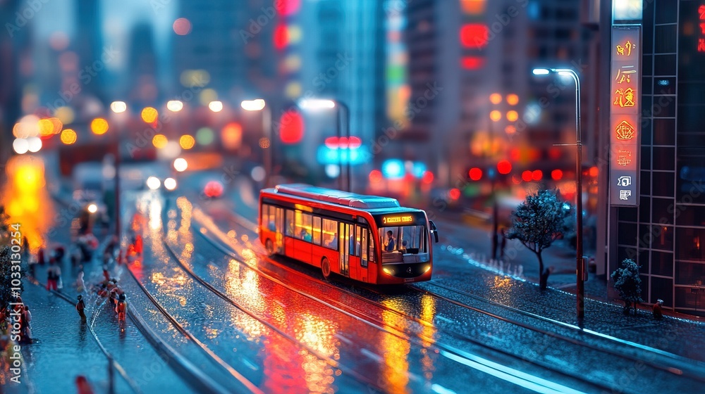 A vibrant cityscape featuring modern bus navigating through miniature urban environment A vibrant cityscape featuring modern bus navigating through miniature urban environment