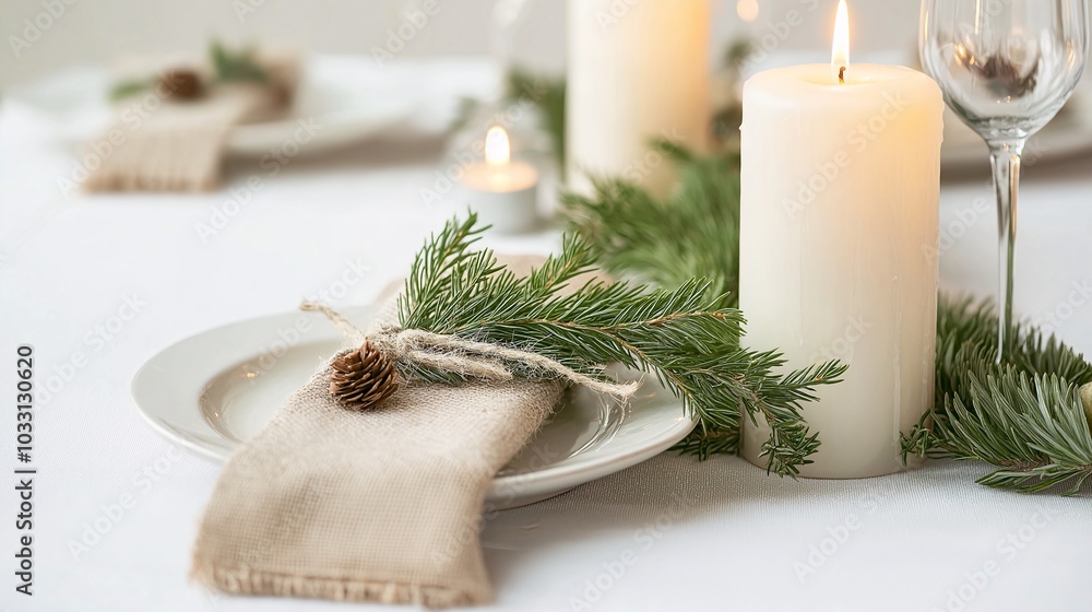 Cozy Holiday Table Setting with Pine and Candlelight Cozy Holiday Table Setting with Pine and Candlelight