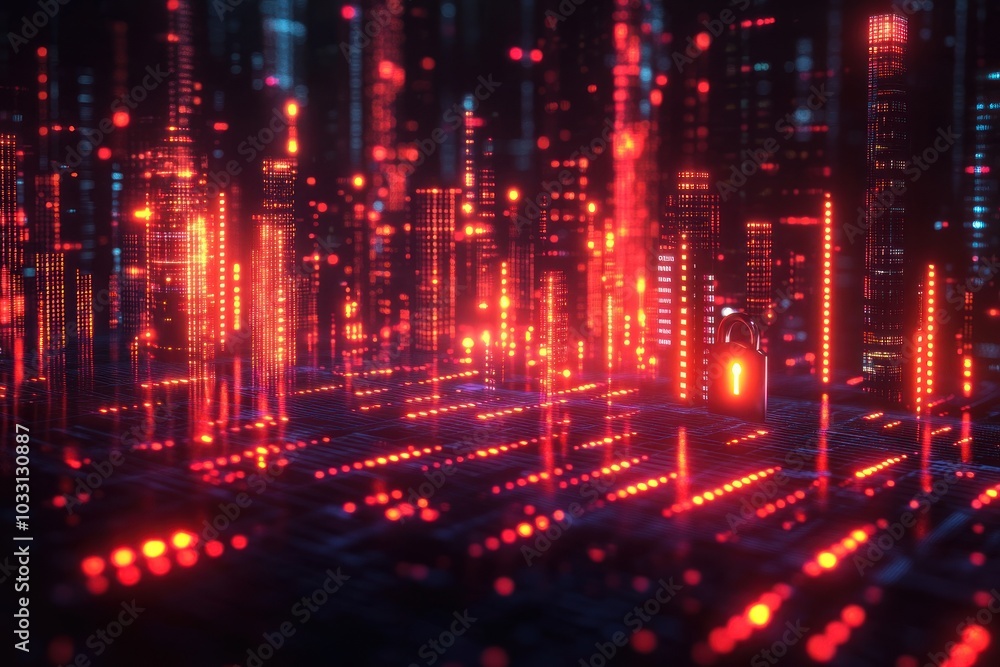 Obraz premium Abstract digital landscape with glowing data streams and a padlock symbolizing cybersecurity.