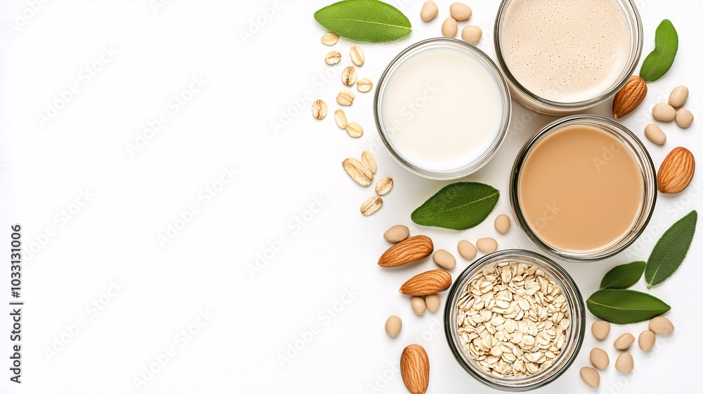 Variety of Plant-Based Milk in Jars on White Background Variety of Plant-Based Milk in Jars on White Background