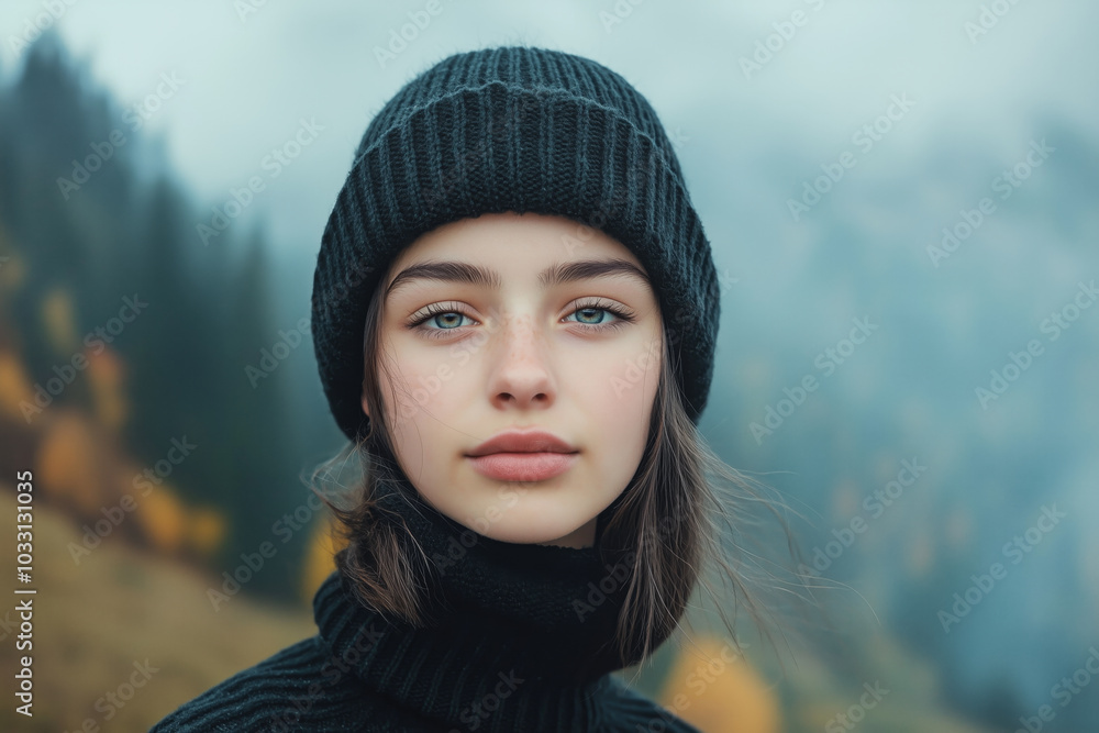 Φωτογραφία Portrait of a young woman wearing a black beanie, gazing calmly at the camera, s