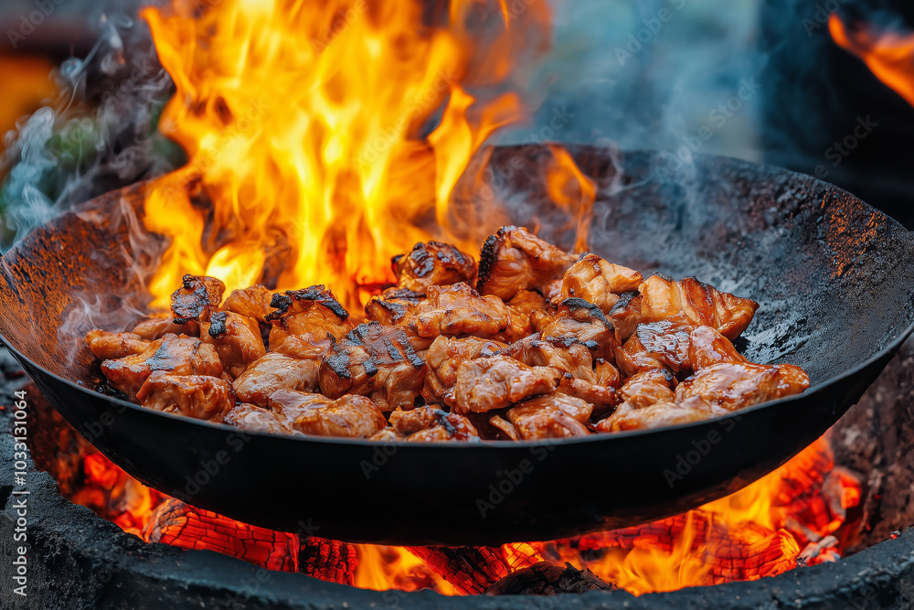 Chunks of meat sizzling in a pan over an open fire, with flames rising and smoke surrounding the grilled food Chunks of meat sizzling in a pan over an open fire, with flames rising and smoke surrounding the grilled food