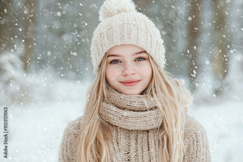 Young woman smiling in a snowy winter setting, wearing a cozy knitted hat, scarf, and sweater, with falling snowflakes