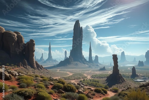 Alien Landscape on an Exoplanet A fantastical terrain with unusu