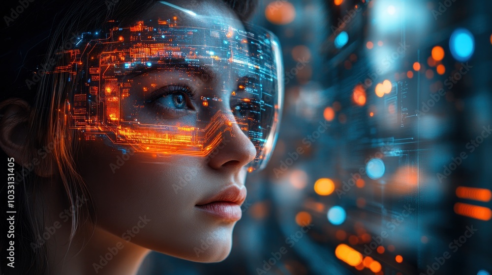 A futuristic woman wearing augmented reality glasses with a digital interface background. A futuristic woman wearing augmented reality glasses with a digital interface background.