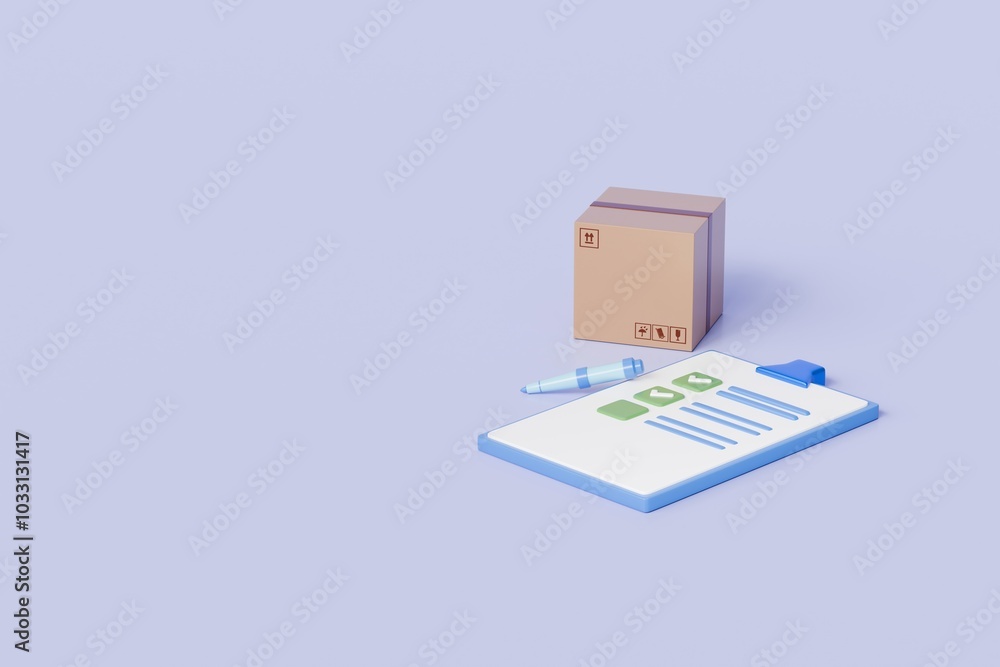 3d Parcel box with clipboard checklist with receipt icon. Minimal Cardboard box with task clipboard checklist for delivery customer. Fast delivery and Online Shopping ,E-commerce concept. 3d render. 3d Parcel box with clipboard checklist with receipt icon. Minimal Cardboard box with task clipboard checklist for delivery customer. Fast delivery and Online Shopping ,E-commerce concept. 3d render.