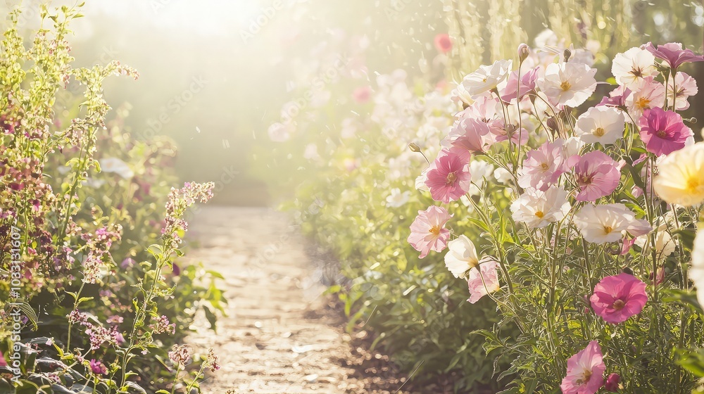 Obraz premium A stone path leads through a field of pink and white wildflowers in the morning sun.