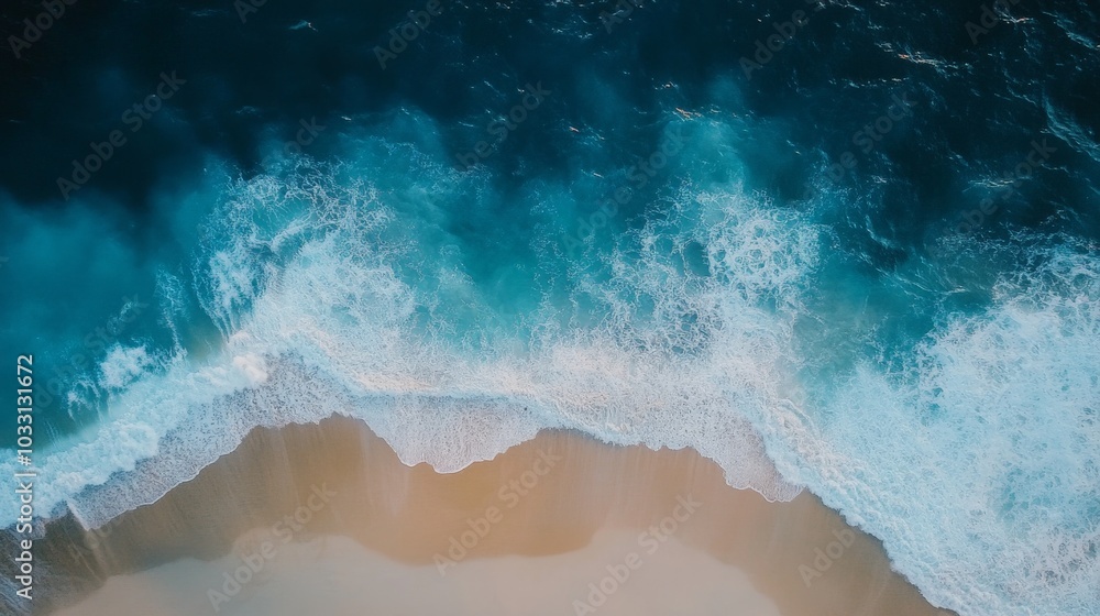 Aerial View of Crashing Ocean Waves on Sandy Beach Aerial View of Crashing Ocean Waves on Sandy Beach