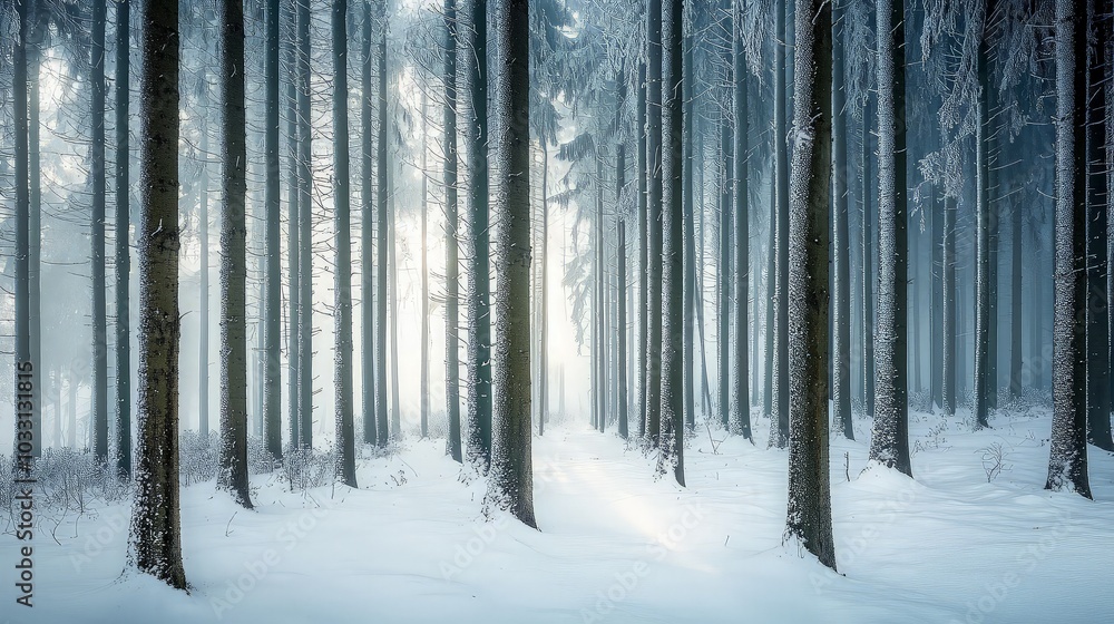 Sunbeams pierce through a misty winter forest, illuminating a path covered in fresh snow. Sunbeams pierce through a misty winter forest, illuminating a path covered in fresh snow.