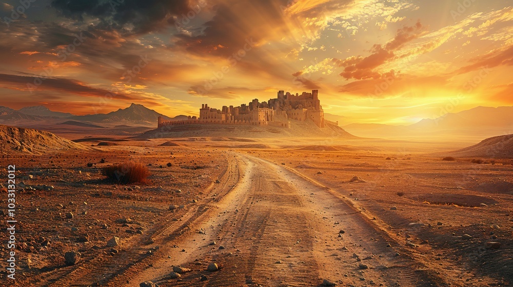 Fototapeta premium Sunset Over Time: A Dusty Desert Road Towards Ancient Castle Ruins in a Biblical Landscape