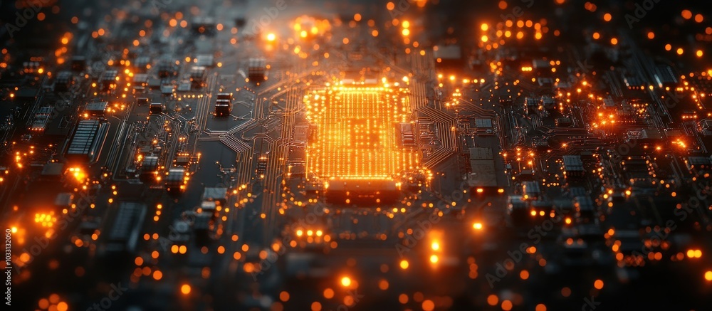 Fototapeta premium A close-up view of a circuit board illuminated with glowing orange lights.