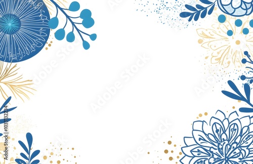 A flat vector background with subtle white and blue mandala patterns on the left and right sides, photo