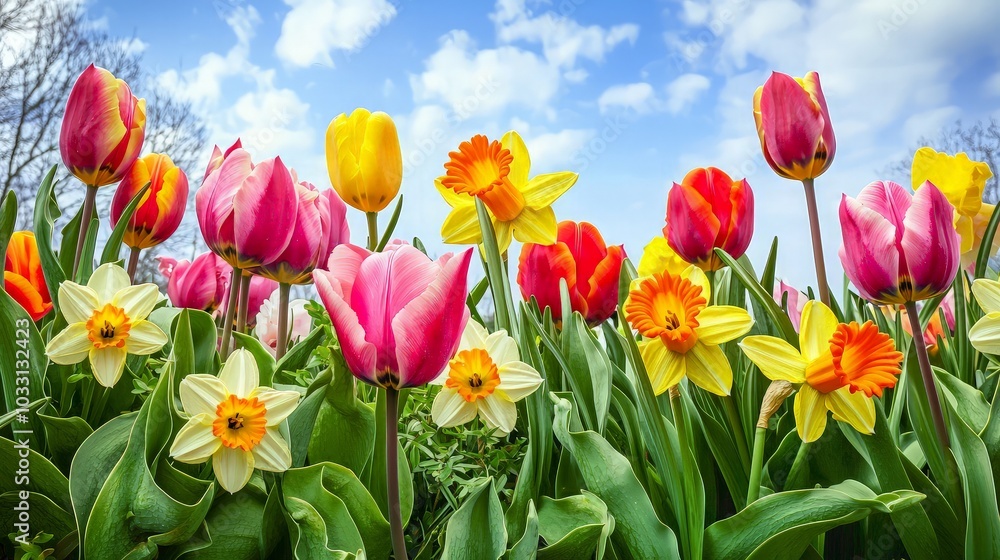 A vibrant field of colorful tulips and daffodils in bloom under a bright blue sky with white clouds. A vibrant field of colorful tulips and daffodils in bloom under a bright blue sky with white clouds.