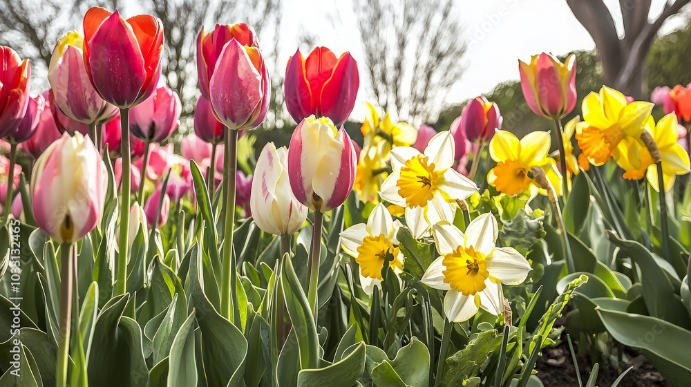 Obraz premium Colorful tulips and daffodils in a field.