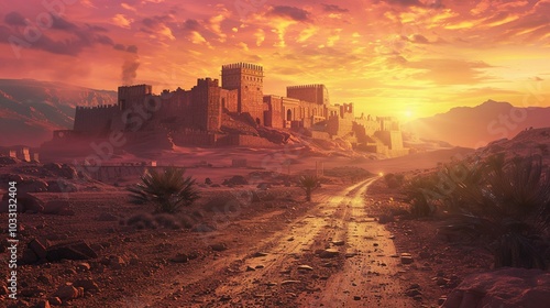 Sunset Over Time: A Dusty Desert Road Towards Ancient Castle Ruins in a Biblical Landscape