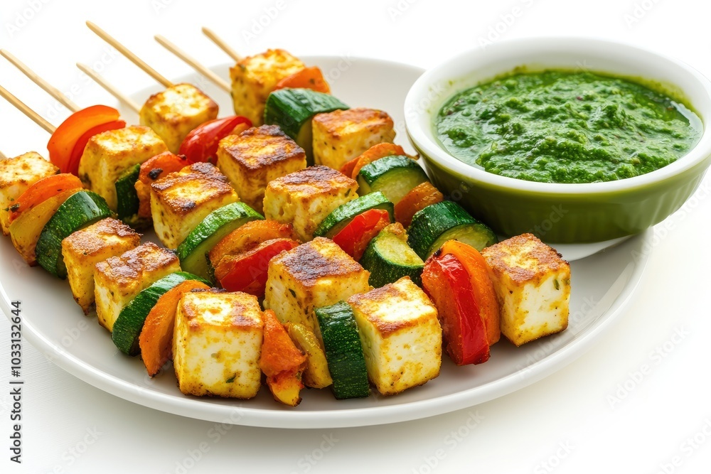 Grilled Paneer Skewers with Zucchini, Bell Pepper, and Green Chutney Grilled Paneer Skewers with Zucchini, Bell Pepper, and Green Chutney
