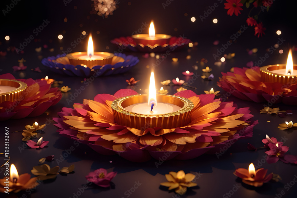 Creative , hyper detail and abstract image of diawali festival with flowers and fire work Creative , hyper detail and abstract image of diawali festival with flowers and fire work