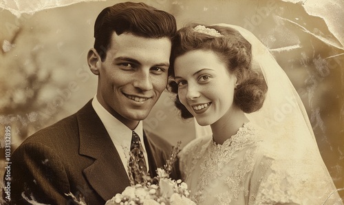 Wedding couple in vintage photo, smiling, holding flowers.