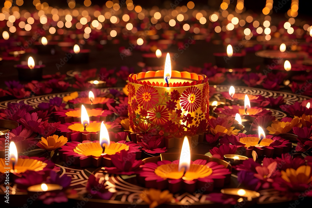 Creative , hyper detail and abstract image of diawali festival with flowers and fire work Creative , hyper detail and abstract image of diawali festival with flowers and fire work