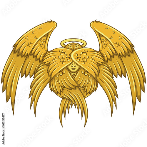 Seraph with six wings, angelic face of the Catholic religion, archangel with halo and feathers