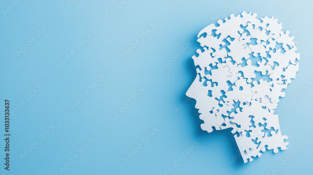 Human head of white puzzles on a blue background to commemorate World Mental Health Day, World Brain Day, mental health or autism concept, banner and copy space Human head of white puzzles on a blue background to commemorate World Mental Health Day, World Brain Day, mental health or autism concept, banner and copy space