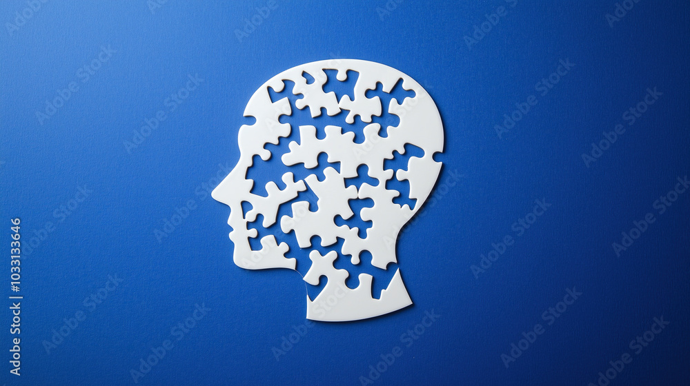 Human head of white puzzles on a blue background to commemorate World Mental Health Day, World Brain Day, mental health or autism concept, banner and copy space Human head of white puzzles on a blue background to commemorate World Mental Health Day, World Brain Day, mental health or autism concept, banner and copy space