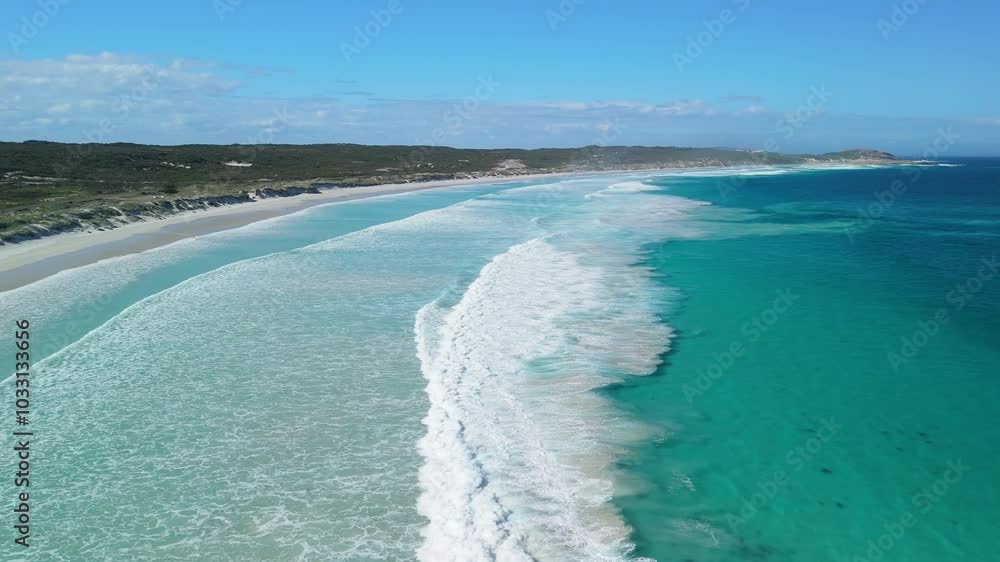 Drone flying over white sand beach in Esperance, Western Australia Drone flying over white sand beach in Esperance, Western Australia