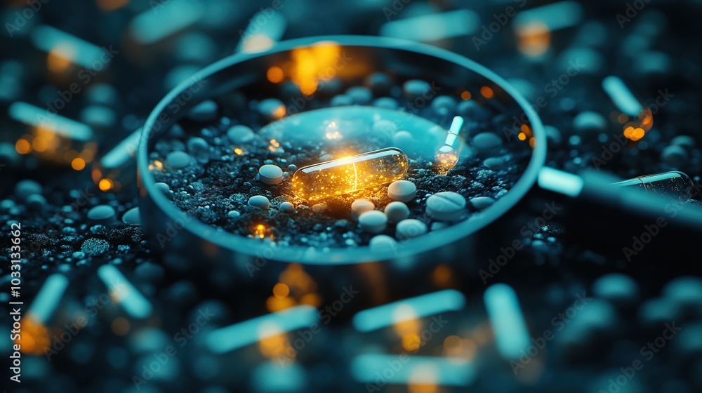 A magnifying glass highlights one pill among many, glowing focus A magnifying glass highlights one pill among many, glowing focus