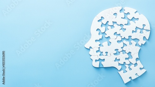 Human head of white puzzles on a blue background to commemorate World Mental Health Day, World Brain Day, mental health or autism concept, banner and copy space