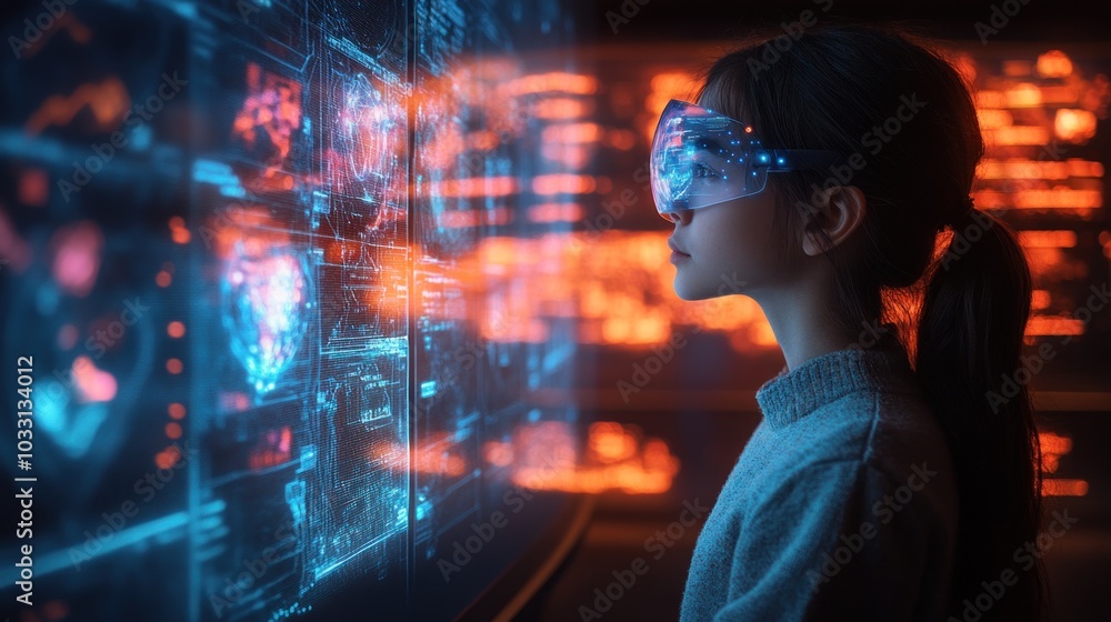 A girl in futuristic goggles interacts with glowing data screens in a tech environment. A girl in futuristic goggles interacts with glowing data screens in a tech environment.
