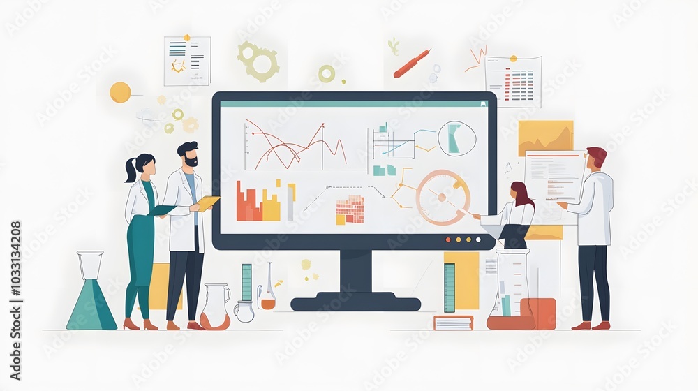 Fototapeta premium A Team of Scientists Analyze Data on a Large Computer Screen