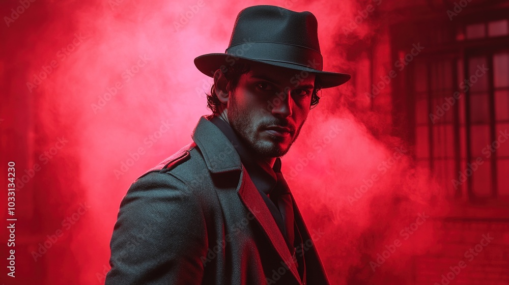 A man in a fedora and trench coat stands in a smoky red light A man in a fedora and trench coat stands in a smoky red light