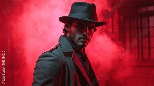 A man in a fedora and trench coat stands in a smoky red light