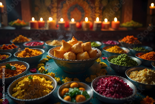 Creative , hyper detail and abstract image of diawali festival with flowers and food photo