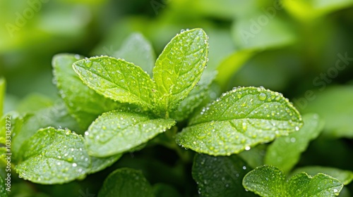 Fresh green mint leaves with dew drops.