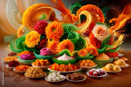 Creative , hyper detail and abstract image of diawali festival with flowers and food