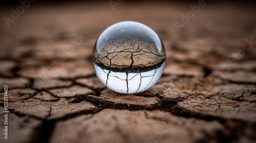 fragile glass ball rests on cracked dry earth, symbolizing delicate state of world economy. cracks in surface reflect vulnerability and instability