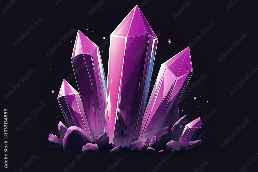 A cluster of stylized purple crystals emerging from a rocky base against a dark background. A cluster of stylized purple crystals emerging from a rocky base against a dark background.