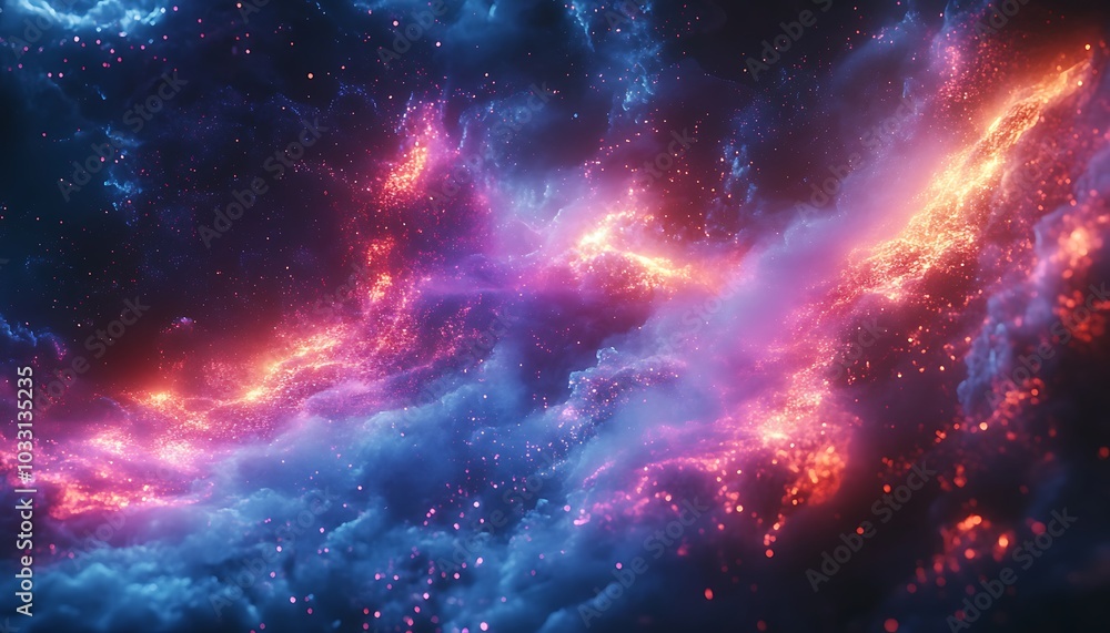 A vibrant cosmic scene showcasing swirling clouds of purple and blue, illuminated by fiery sparks and stars. A vibrant cosmic scene showcasing swirling clouds of purple and blue, illuminated by fiery sparks and stars.