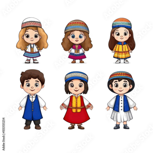 Diverse children in traditional costumes,