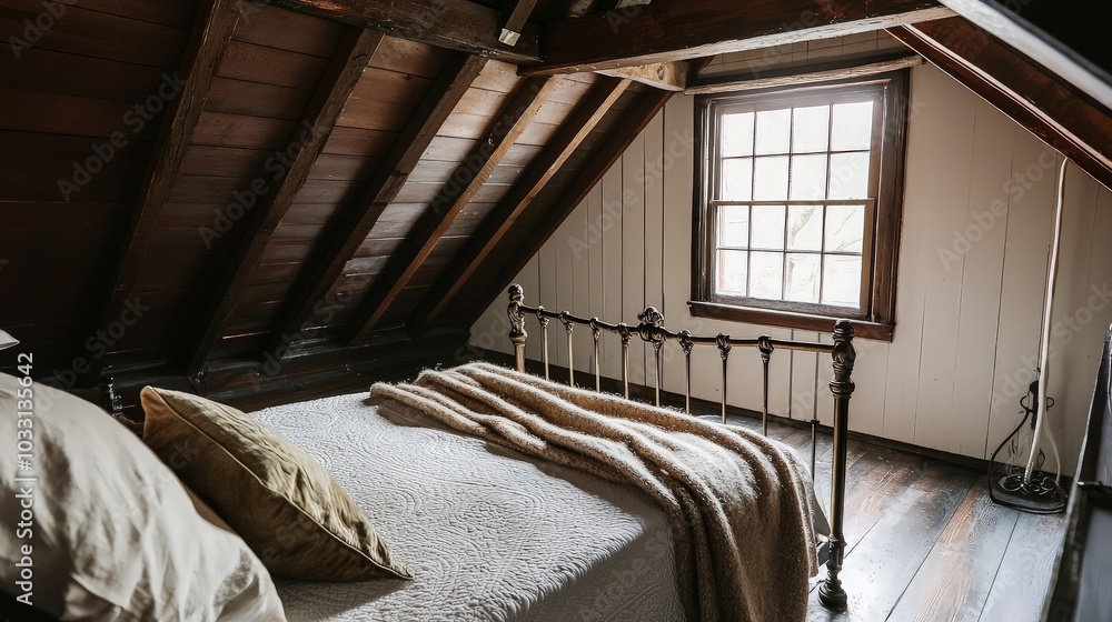 A cozy bedroom with a bed, a window, and wooden beams. A cozy bedroom with a bed, a window, and wooden beams.