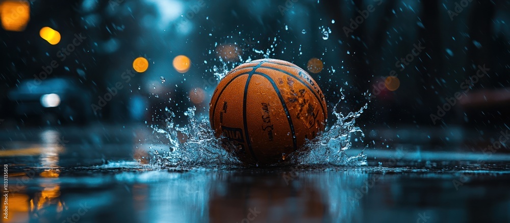 A basketball splashes in a puddle, capturing a moment of play in a rainy environment. A basketball splashes in a puddle, capturing a moment of play in a rainy environment.