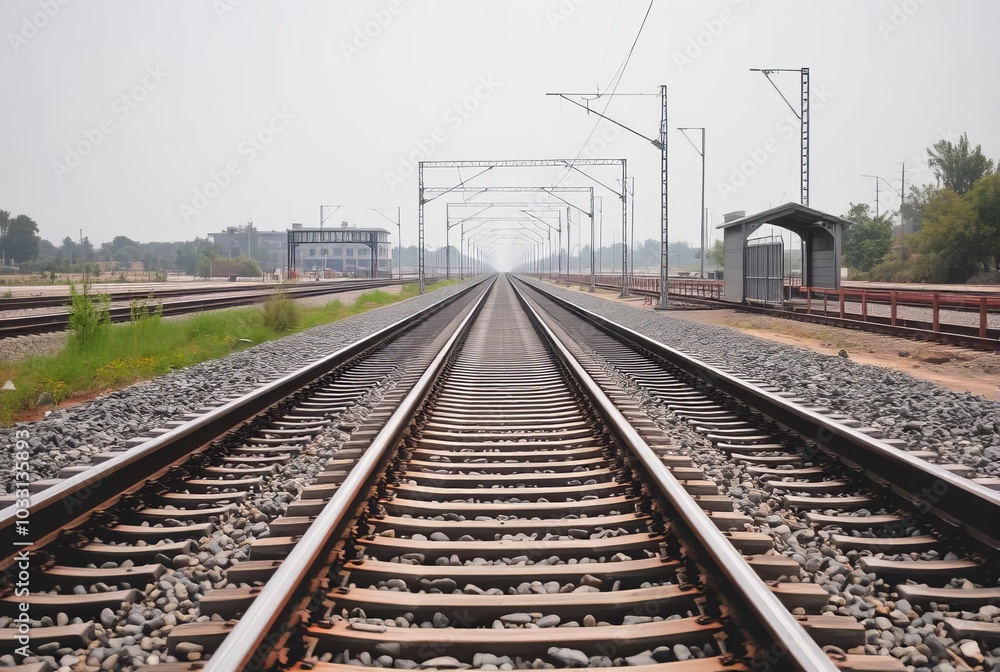 Fototapeta premium Railway Tracks A long stretch of railway tracks disappearing int
