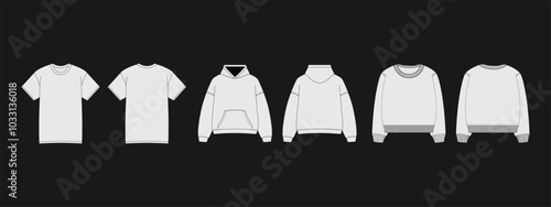 Set of realistic white t-shirt, sweatshirt, and hoodie base cloths isolated on background. Blank mockups for branding in men's or women's fashion. Ideal casual design templates