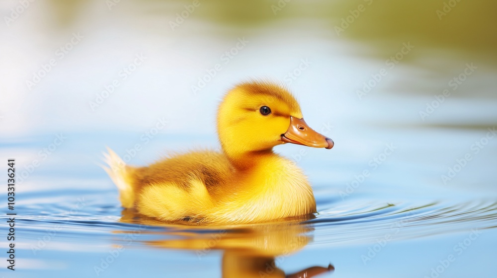 Cute Yellow Duckling Swimming in Calm Water Cute Yellow Duckling Swimming in Calm Water